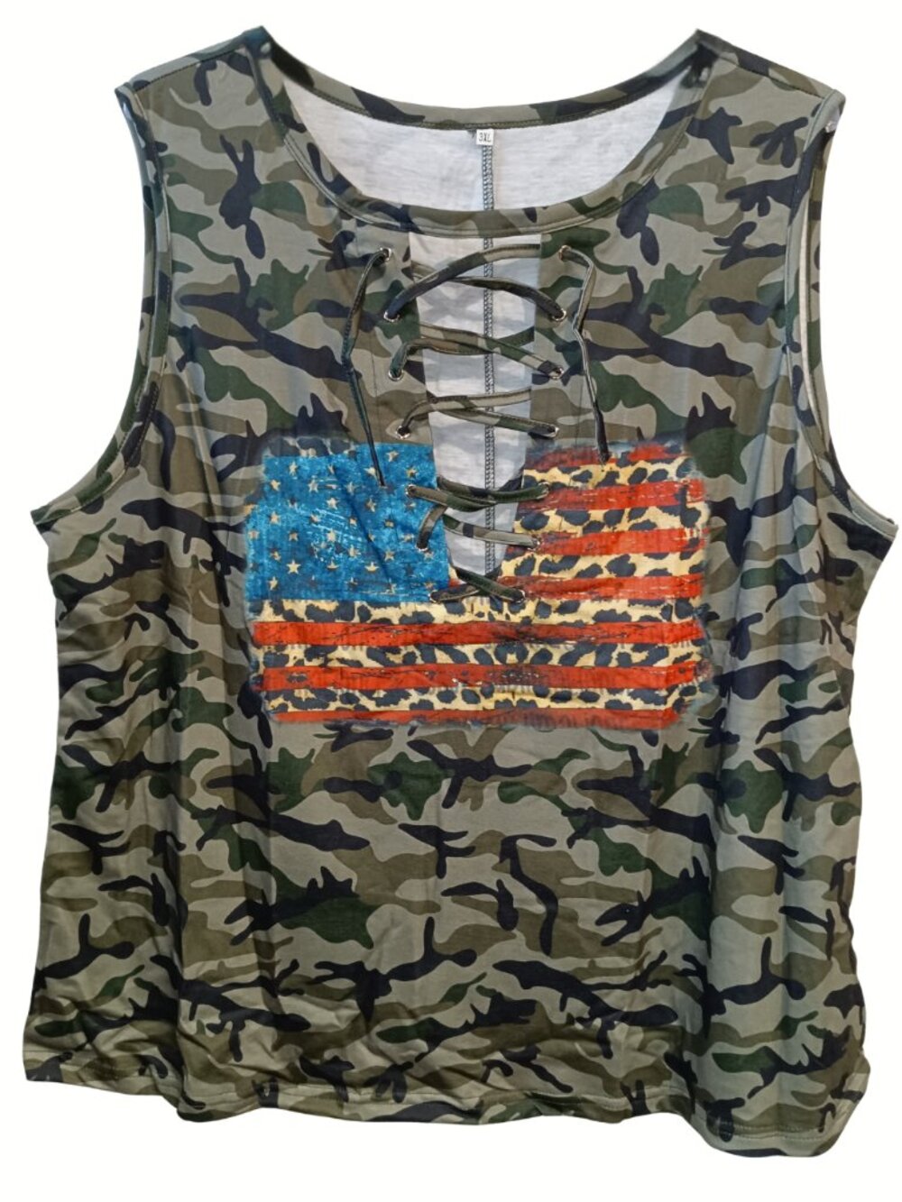 Women's 3XL Plus Size Tank Top Patriotic American Flag Animal Print Grommet tie